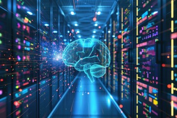 3d illustration of a glowing brain in a futuristic data server room symbolizing ai and machine learning