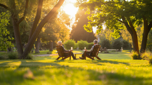 Two people sitting in lawn chairs in a park, enjoying the sun. One of them is holding a wine glass