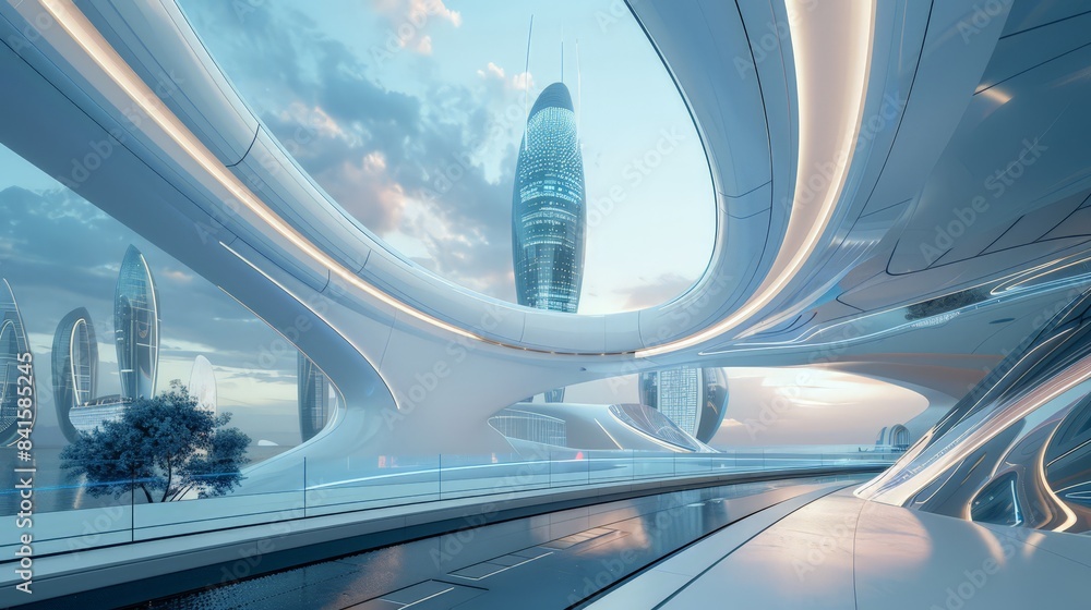 Poster design a scene of a futuristic smart building with integrated technology, automated systems, and dig