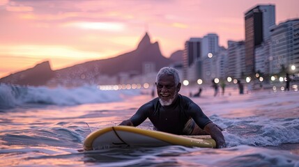 Elderly Surfer Riding Sunset Waves in Rio