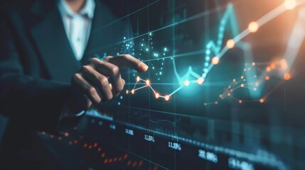 A businessman is analyzing financial data on a digital platform, involving graphs, charts, and business terms. This modern approach aids in research, decisionmaking, and strategy development