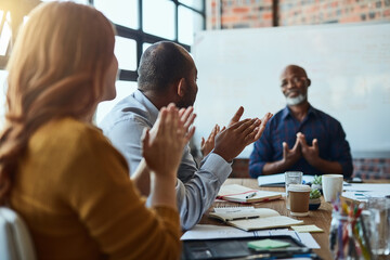 Success, business people and applause in office for goals, achievement and good news. Boardroom, mature ceo and public relations team for celebration, well done and clapping hands for victory