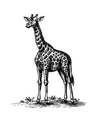 Naklejka premium giraffe, engraving black and white outline