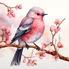 Watercolor illustration of a cute little pink bird on a tree branch with pink flowers