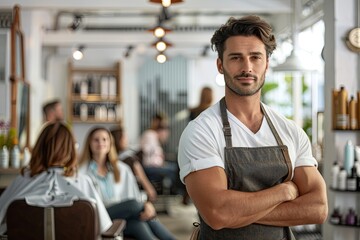 Fototapeta premium A handsome barber man in front of the barbershop with clients looks directly into the camera. Pleasant natural light. Atmospheric photo