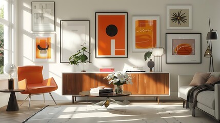 colorful interior background in red orange green and  white color with empty frame on the background with colorful wall designing 