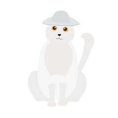 Funny white cartoon pussycat in a hat