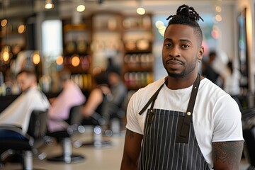 A handsome African American barber in a barber shop with clients looking straight into the camera. Pleasant natural light. Atmospheric photo