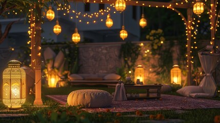Design a scene of a serene garden decorated with Eid lanterns and lights, perfect for an outdoor family gathering.
