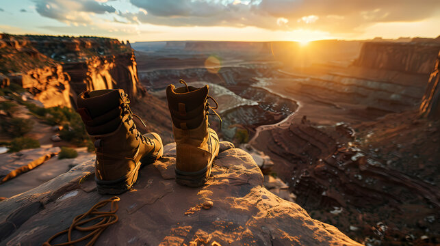 A person is standing on a rock overlooking a canyon