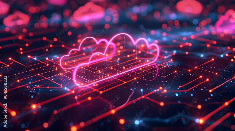 Poster interconnected digital nodes in a futuristic cloud computing concept with copy space