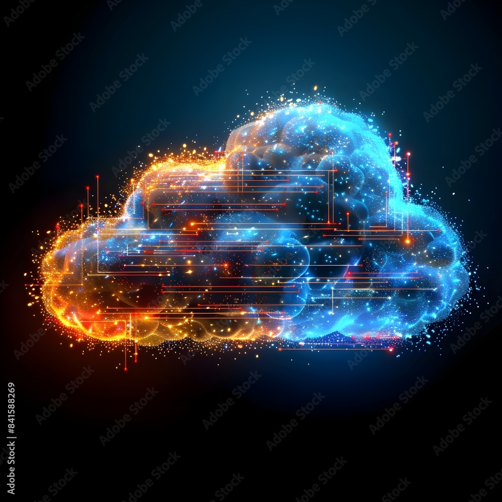 Poster secure and dynamic cloud storage icons with vibrant data streams