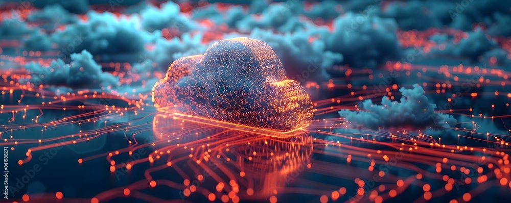 Poster advanced cloud computing network with glowing nodes and secure connections concept