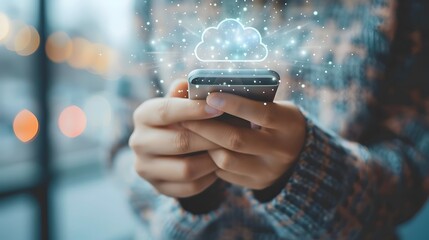 Businessperson Reviewing Cloud Storage Options on Smartphone in Sleek Office Environment