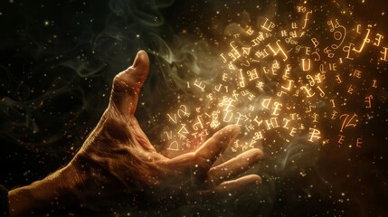 Fototapeta premium A hand is shown in a blurred image with lots of glitter and mystical symbols. Magic in the hands, fantasy illustration, game world 
