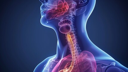 3D rendered Illustration of human lungs with detailed branching bronchial tubes in blue and pink.
