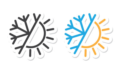 Sun snowflake sign, weather insulate, emblem, vector, illustration, sticker.