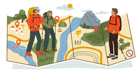 Fototapeta premium Hand drawn flat hiking composition background with a map