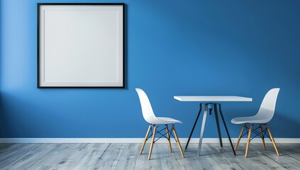 Modern Office Interior with Blank White Wall and Blue Accent Walls, Featuring a Large Square Frame and Minimalist Table. Professional Work Setting Showcasing Contemporary Design Elements and Clean Aes