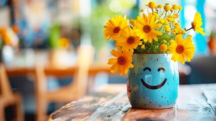 Cheerful sunflower bouquet in a blue smiley face vase on a wooden table, bright and colorful indoor setting perfect for uplifting moods.