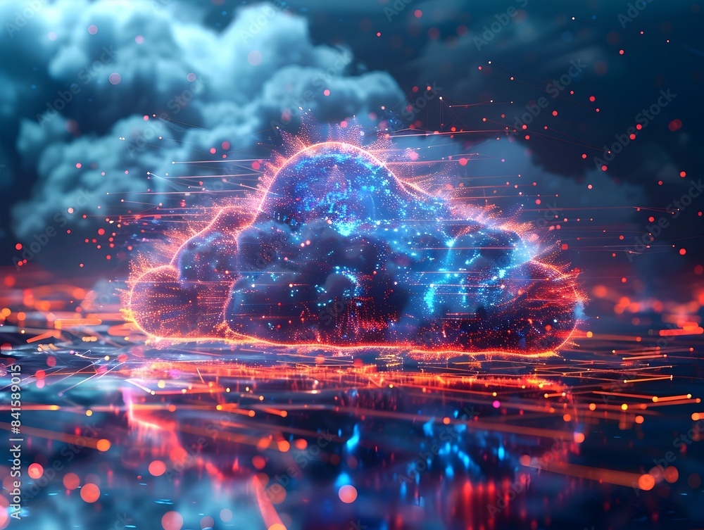 Poster futuristic holographic cloud computing concept with glowing data streams and dynamic atmospheric lig