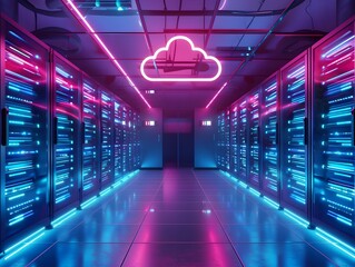 Futuristic Neon Lit Cloud Server Room with Glowing Cables and High Tech Infrastructure