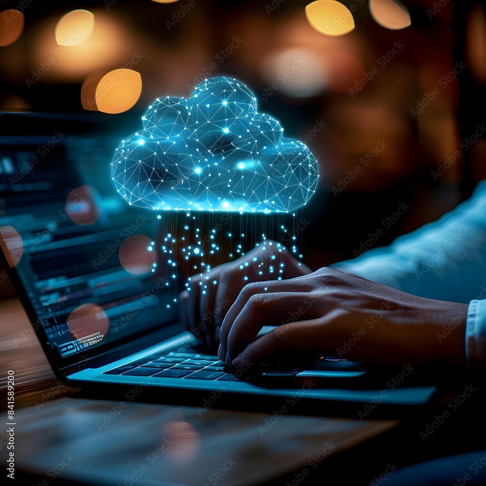 Poster efficient data access and cloud computing concept with laptop and cloud icon