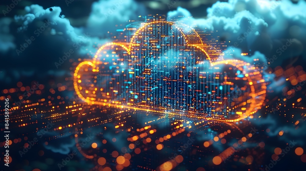 Poster futuristic cloud shaped binary data storage and computing concept