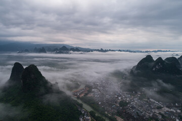 Xingping Town under the early morning mist