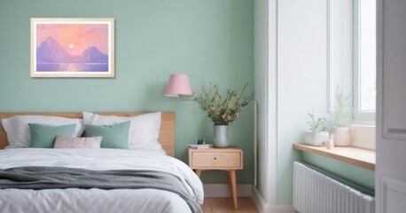 A serene and airy bedroom with light wooden furniture, soft pastel colors