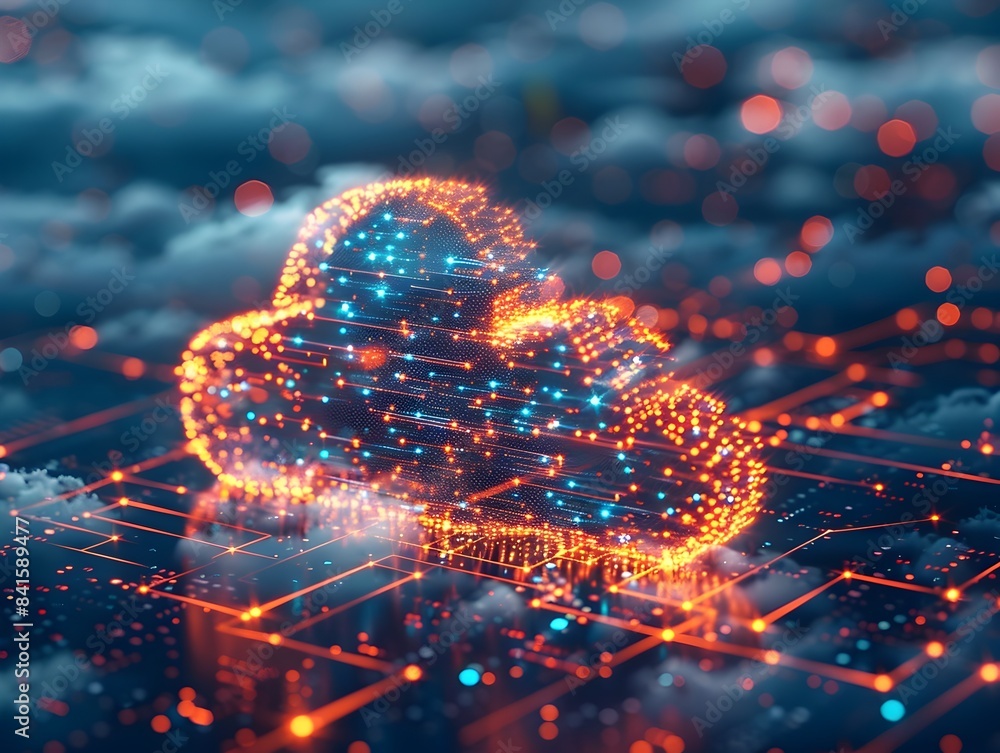Poster futuristic digital cloud icon with flowing data representing cloud computing and secure storage