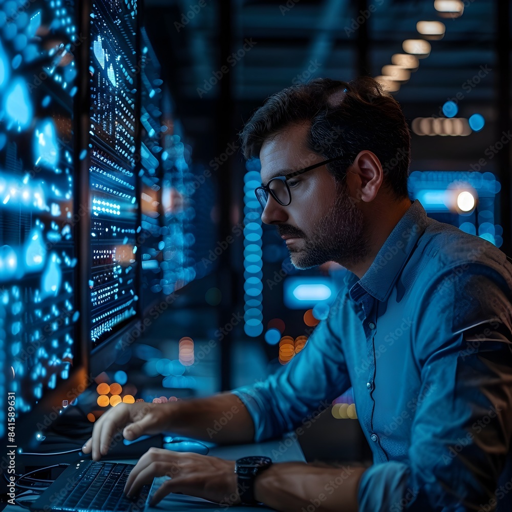 Poster it professional overseeing advanced cloud server infrastructure and secure tech interface in modern 