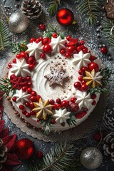 Festive Christmas Cake with Ornaments, Pinecones, and Holiday Decorations on Dark Background