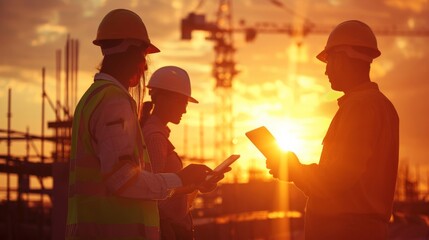Warm sunset light floods a construction site where a diverse team of professionals use a tablet to review project progress