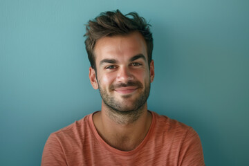 A close up portrait of a young man with a subtle smile
