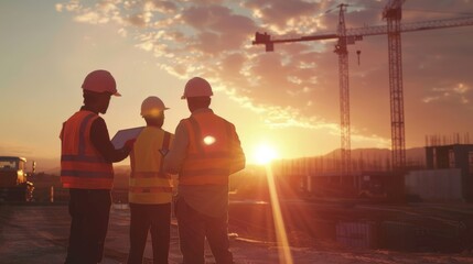 Warm sunset light floods a construction site where a diverse team of professionals use a tablet to review project progress