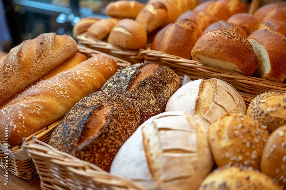Poster close-up of various bread types in wicker baskets at a bakery