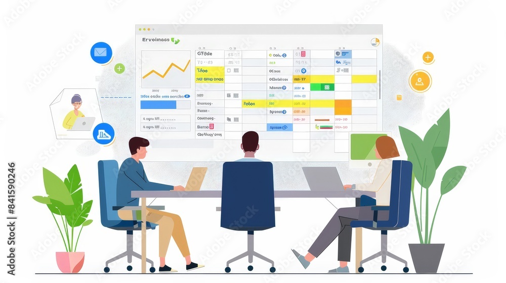 Poster illustrate a calendar for project management, with gantt chart views and task dependencies, perfect 