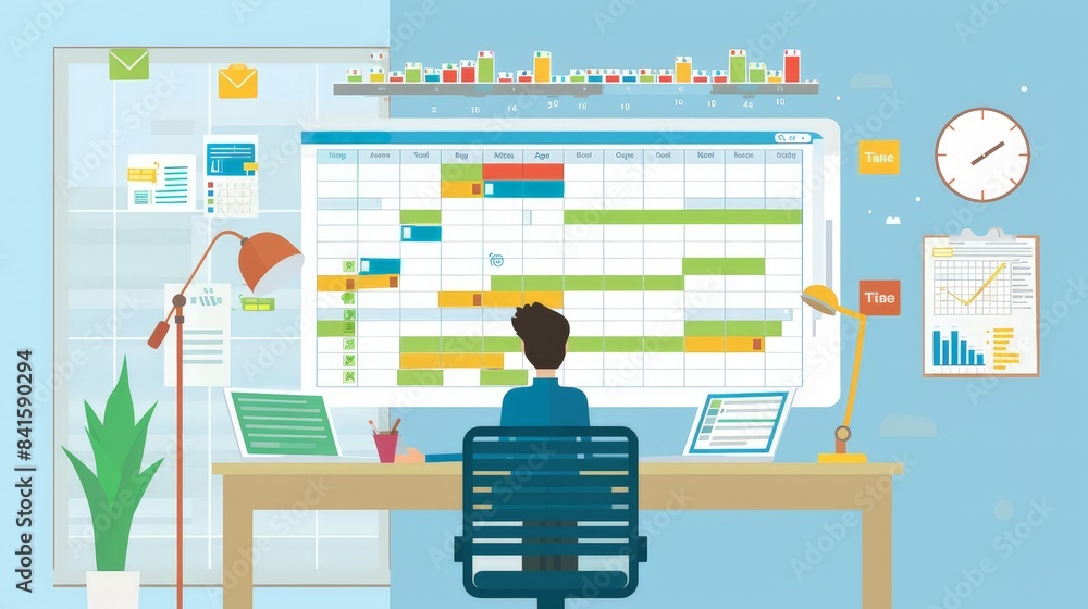 Poster illustrate a calendar for project management, with gantt chart views and task dependencies, perfect 