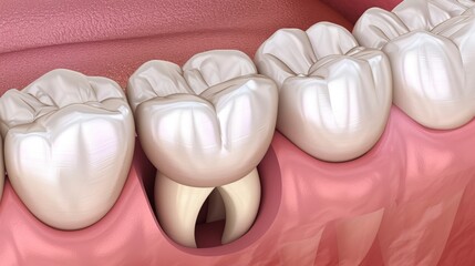3D illustration of a dental implant in the lower jaw, showing surrounding teeth and gums.