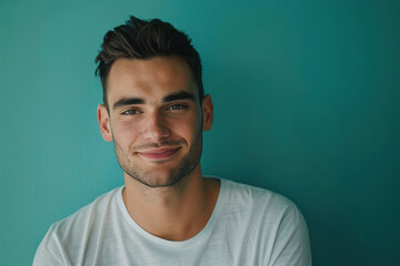 A close up portrait of a young man with a subtle smile