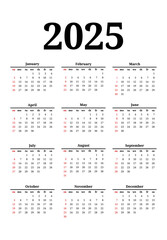 Calendar for 2025 isolated on a white background