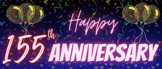 155th anniversary neon calligraphy text and number. Confetti and balloon isolated on elegant blue gradient background, sparkle, design for greeting card, print. one hundred fifty five anniversary
