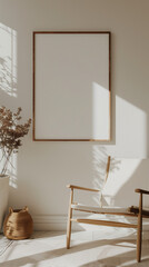 Vertical mockup of blank canvas or picture frame for big vertical poster in white minimalistic interior. Empty room for exhibition. With warm sunny light.