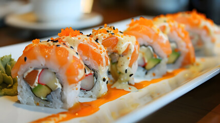 A colorful inside Rainbow Roll Sushi with avocado, surimi (crab), cucumber and salmon topping.  Uramaki sushi. California roll sushi. Philadephia Roll with Smoked Salmon