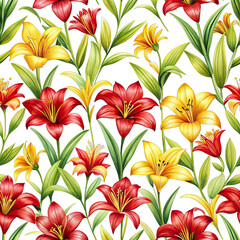An illustration of red and yellow lily flowers with green leaves against a black background. Generative AI