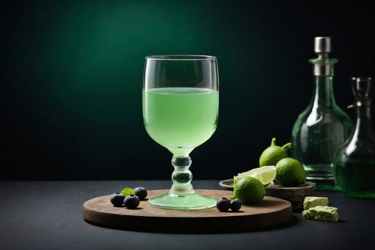 Modern Minimalism: a modern absinthe glass with a louche effect (where the absinthe turns milky) on a matte, black surface.