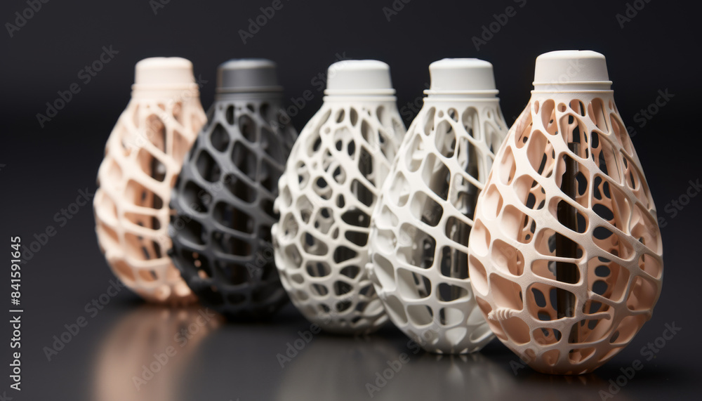 Poster a row of five vases with different colors and patterns