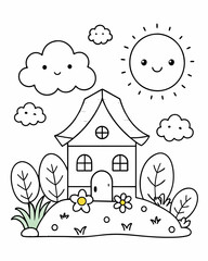 Black and white line drawing of a small house nestled in the middle of a forest. It conveys simplicity, peace and warmth. Suitable for teaching coloring for children. Or use it as a picture to decorat
