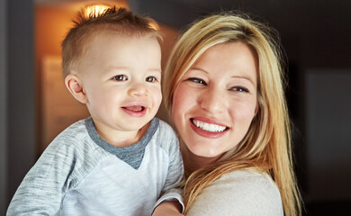 Baby, smile and mother in house with hug or happiness for motherhood, growth or wellness of child....